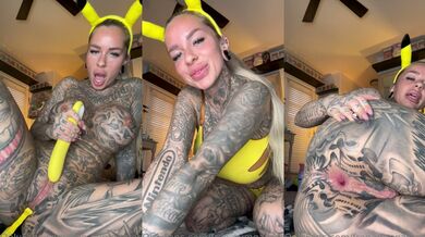 Tetovaná GymGamerGirl si hraje s kundičkou a zadkem v kostýmu Pikachu